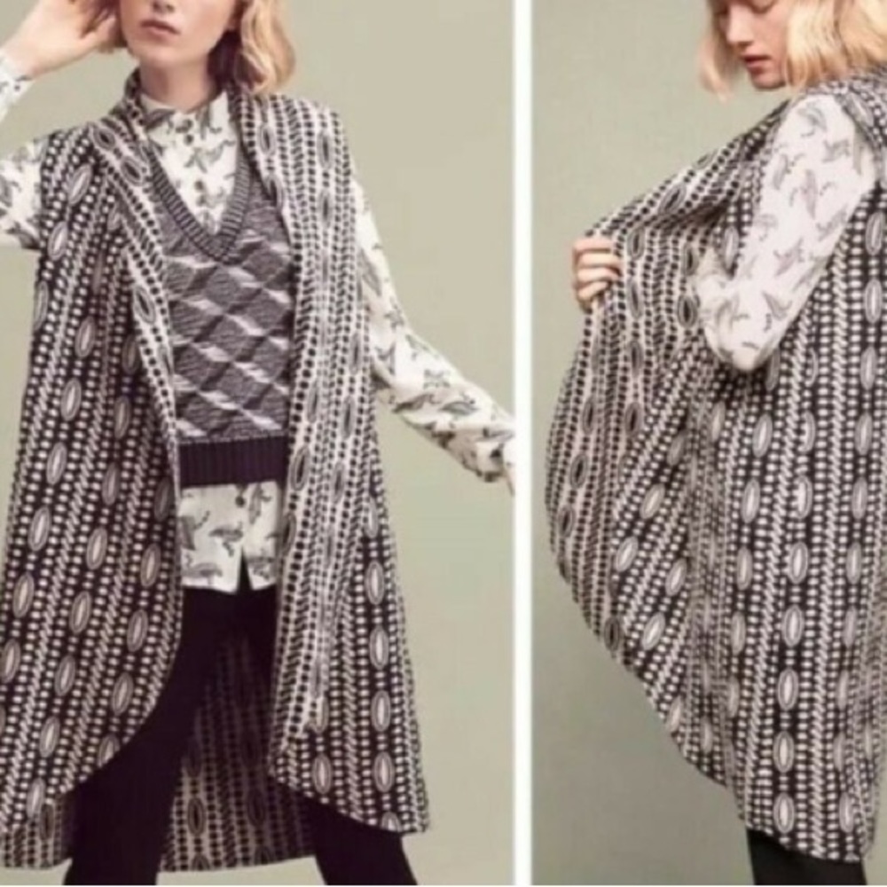 Anthropologie Moth Wool Cotton Blend Long Open Sleeveless Cardigan Sweater